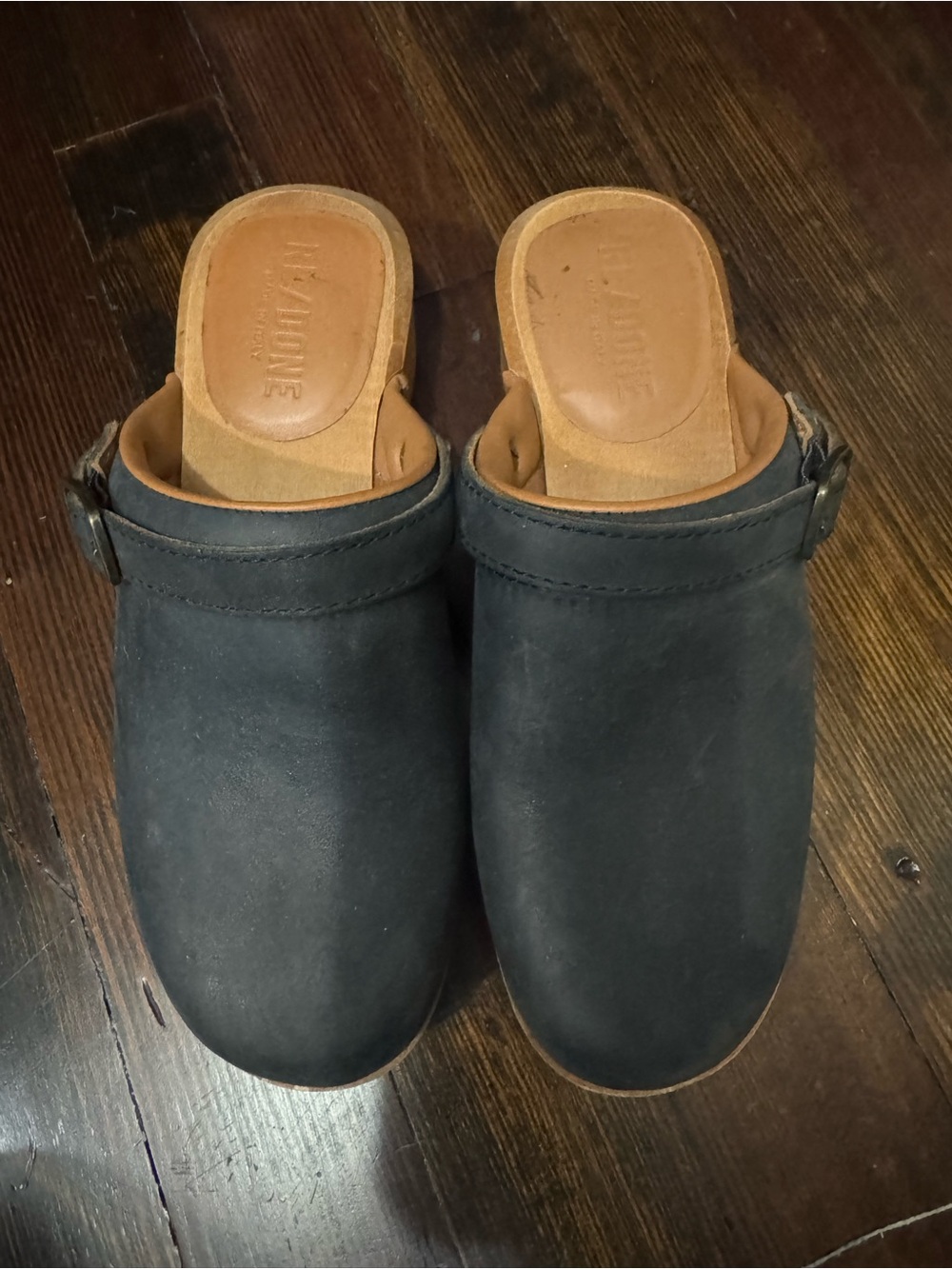 Re/Done Black Slip-On Clog Mules with Tan Footbed
